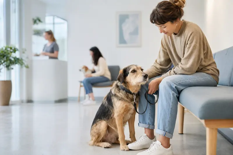 Ein Mallorqui Hund sitzt ruhig neben seinem Besitzer im hellen Wartezimmer einer Tierarztpraxis.